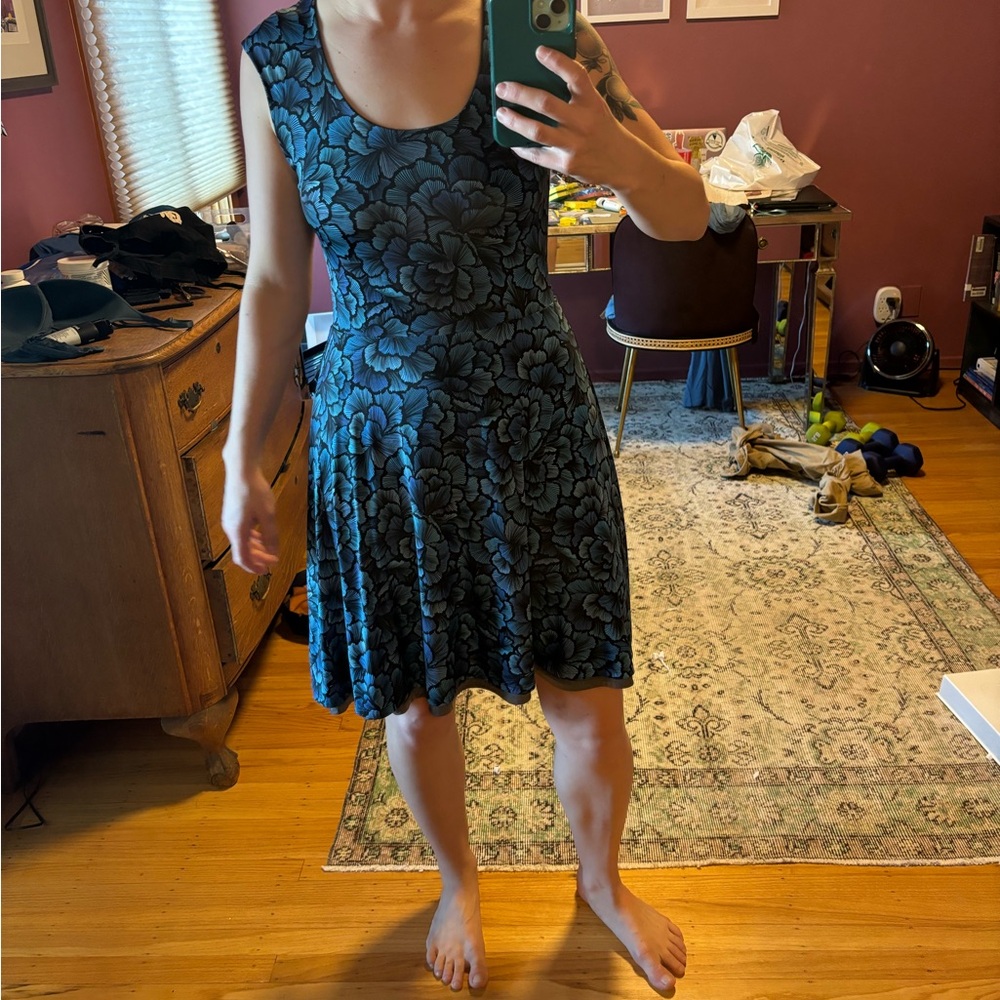 Betabrand blue ginkgo reversible skater dress